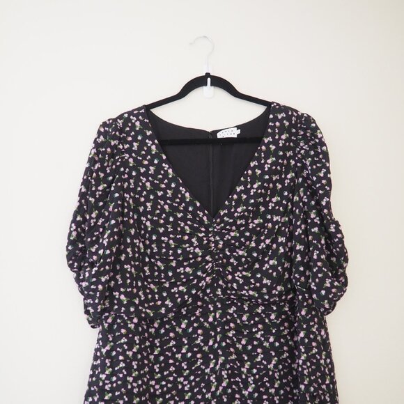 Tanya Taylor Black Floral Pansy Puff Sleeve V-Neck Ruched Flounce Silk Dress - Picture 6 of 12